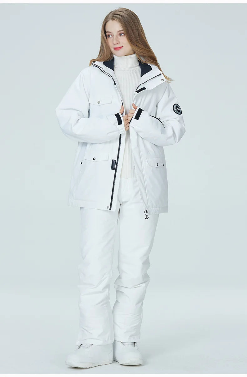 10K Pure White Ski Suit for Women, Snowboard Clothing Sets, Waterproof Windproof Skiing Jacket Pants Snow Overalls Couple Winter