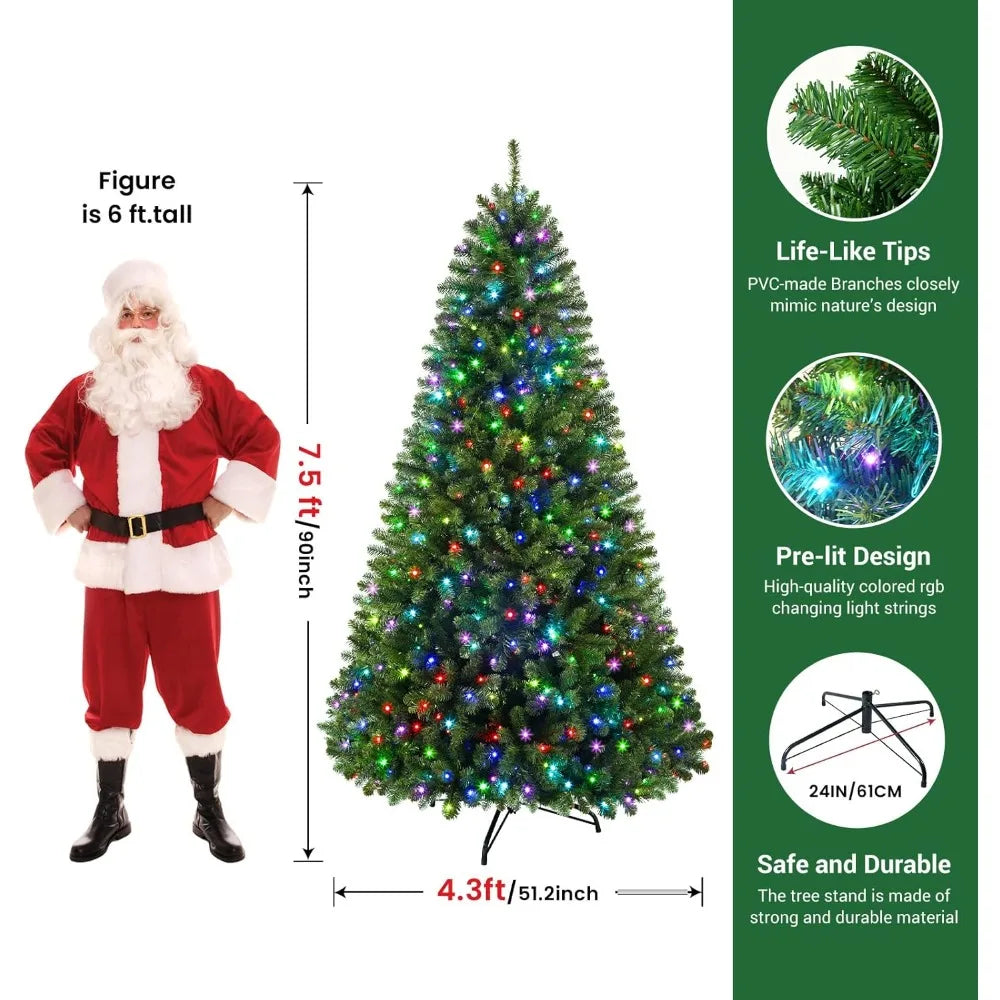 7.5ft Prelit Premium Artificial Hinged Full Christmas Tree with 470 Multi-Color Changing RGB Lights, 1264 PVC Branch Tips