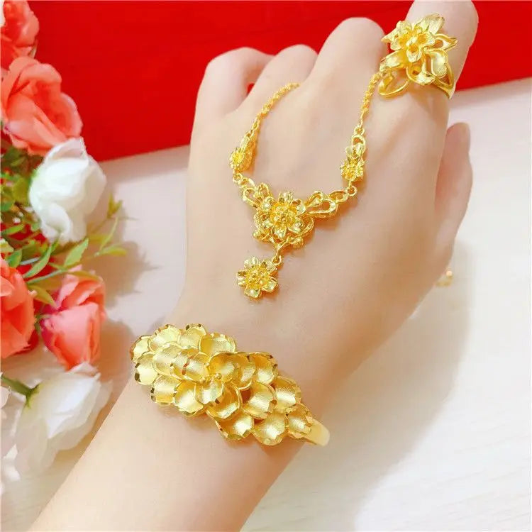 Simulation 100% Real 24K Gold Plated Women's Necklace Sandy Gold Necklace Flower Pendant Set Mother Grandma Gift Flower Earrings