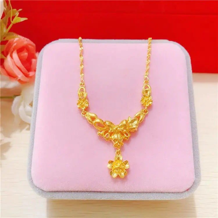 Simulation 100% Real 24K Gold Plated Women's Necklace Sandy Gold Necklace Flower Pendant Set Mother Grandma Gift Flower Earrings