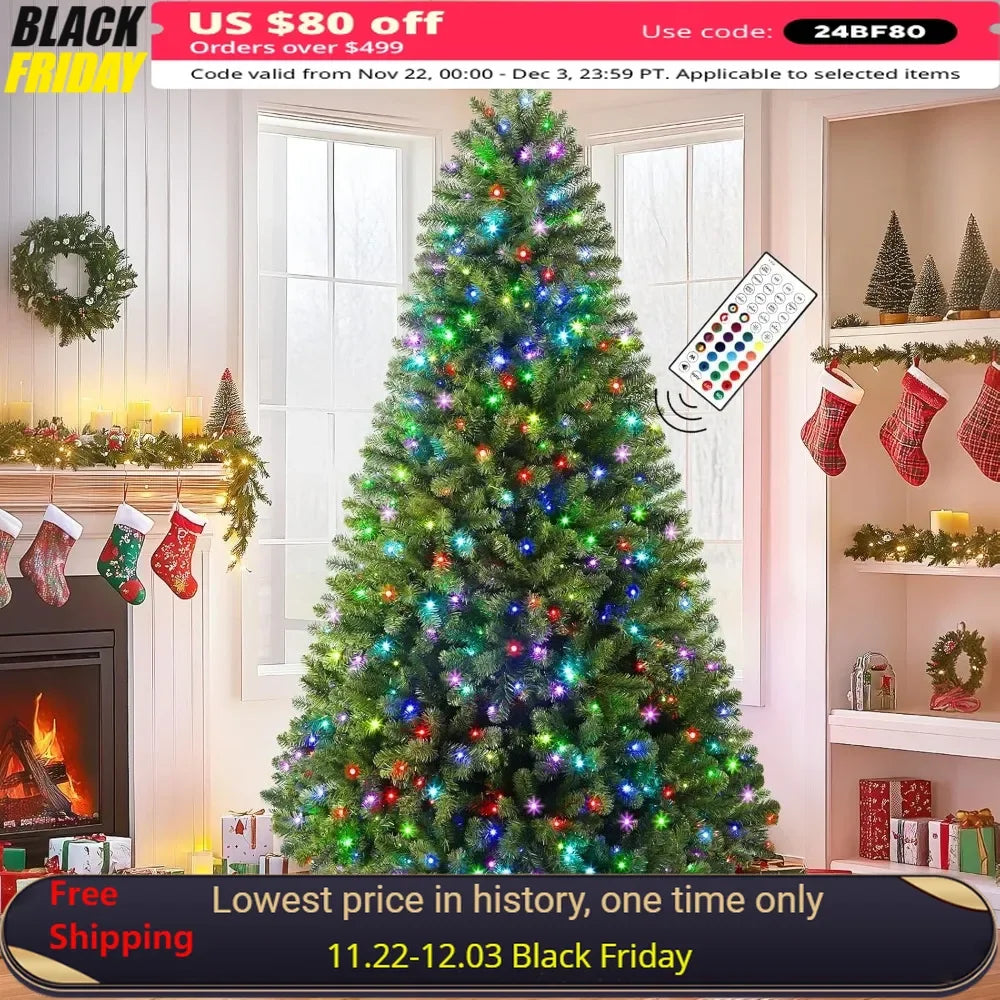 7.5ft Prelit Premium Artificial Hinged Full Christmas Tree with 470 Multi-Color Changing RGB Lights, 1264 PVC Branch Tips