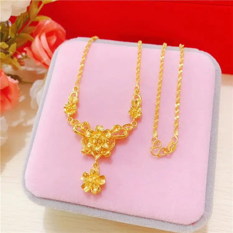 Simulation 100% Real 24K Gold Plated Women's Necklace Sandy Gold Necklace Flower Pendant Set Mother Grandma Gift Flower Earrings