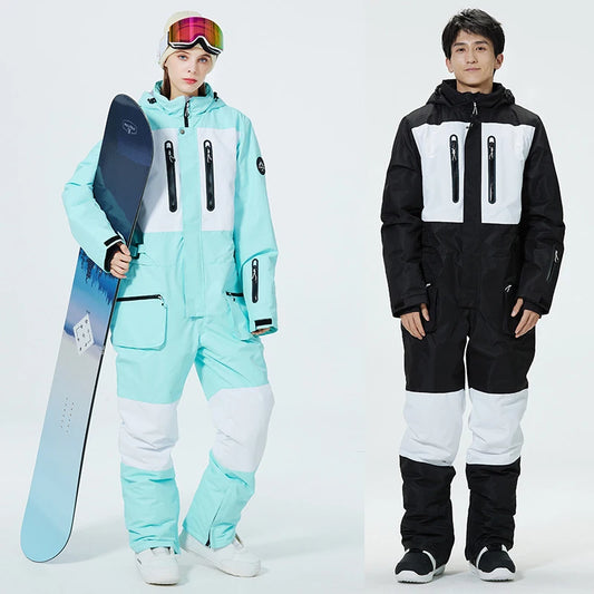 Skiing Jumpsuit Men Women One-piece Ski Suit Winter Outdoor Windproof Waterproof Ski Overall Snowboarding Suit Ski Jacket+Pants