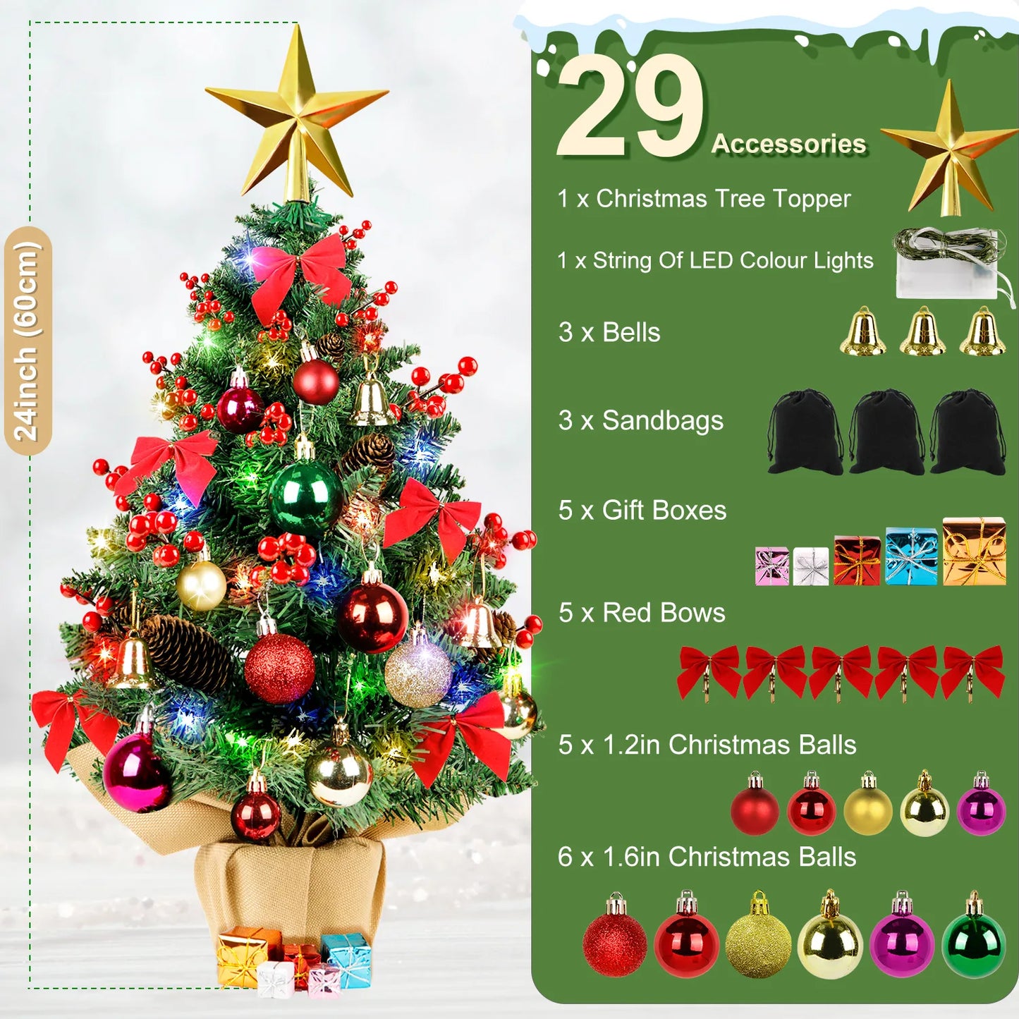 24Inch Mini Christmas Tree Artificial Xmas Tree with 60 LED Lights Star Tree Topper and Hanging Ornaments Small Christmas Tree