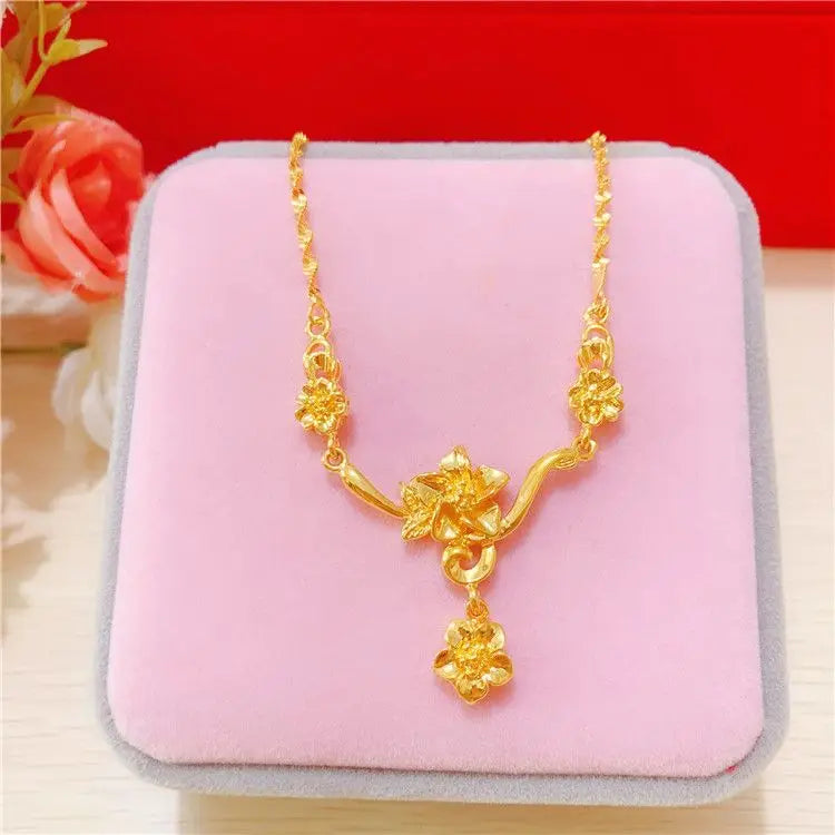 Simulation 100% Real 24K Gold Plated Women's Necklace Sandy Gold Necklace Flower Pendant Set Mother Grandma Gift Flower Earrings