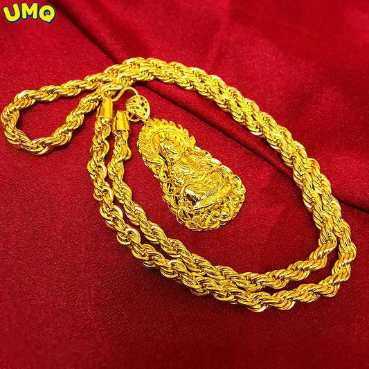 Luxury 100% 14K Gold Chain Plated Pure 24k Gold Fashion Men's Safe Guanyin Hemp Rope Necklace 18k Yellow Color Jewelry Pendants