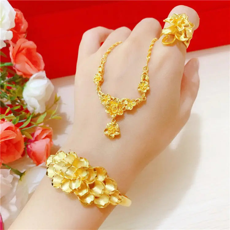 Simulation 100% Real 24K Gold Plated Women's Necklace Sandy Gold Necklace Flower Pendant Set Mother Grandma Gift Flower Earrings