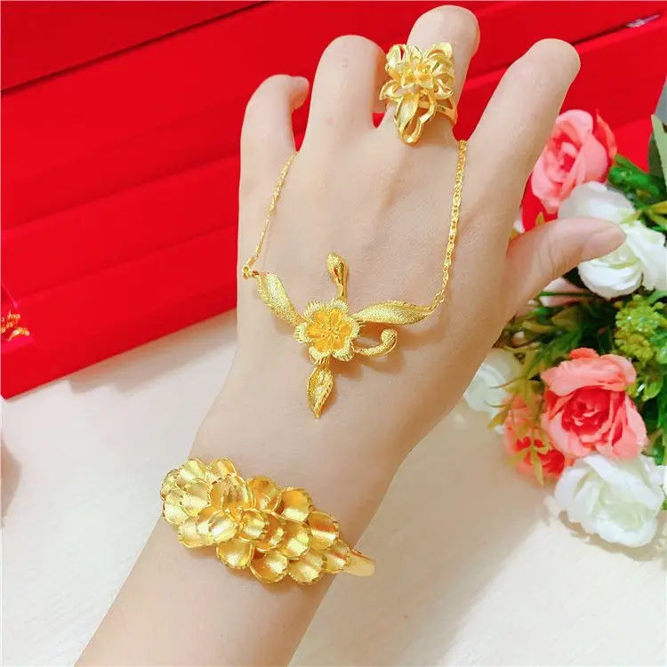 Simulation 100% Real 24K Gold Plated Women's Necklace Sandy Gold Necklace Flower Pendant Set Mother Grandma Gift Flower Earrings