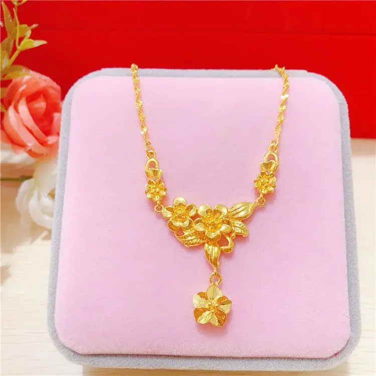 Simulation 100% Real 24K Gold Plated Women's Necklace Sandy Gold Necklace Flower Pendant Set Mother Grandma Gift Flower Earrings