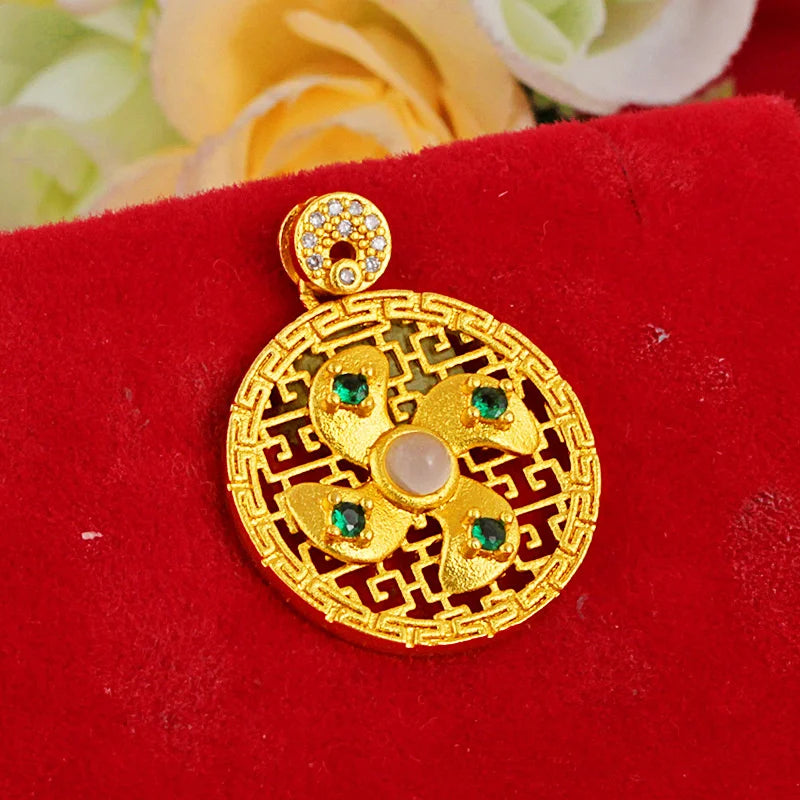 Fashionable Korean Style Sand Gold Inlaid Hetian Jade Pendant Creative Rotating Windmill Pendant Inlaid Imitation Gold Necklace