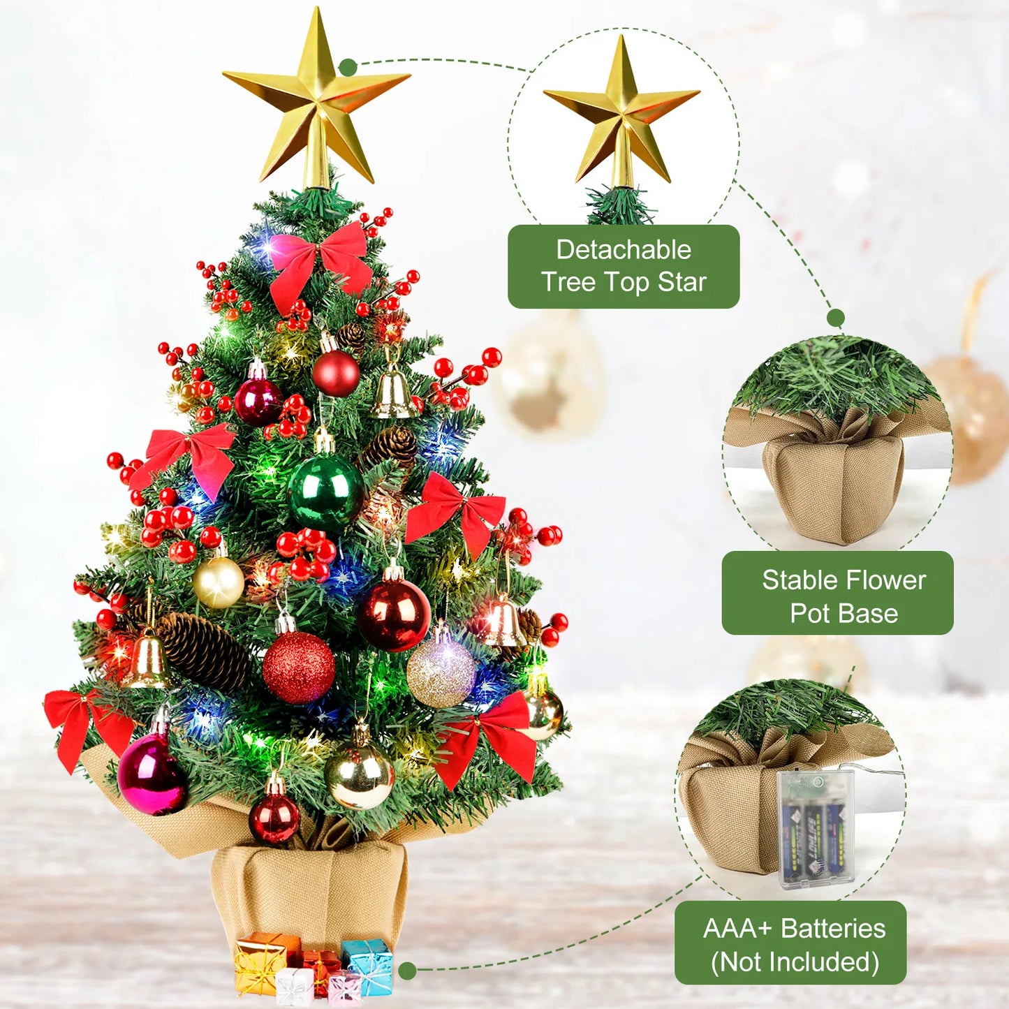 24Inch Mini Christmas Tree Artificial Xmas Tree with 60 LED Lights Star Tree Topper and Hanging Ornaments Small Christmas Tree