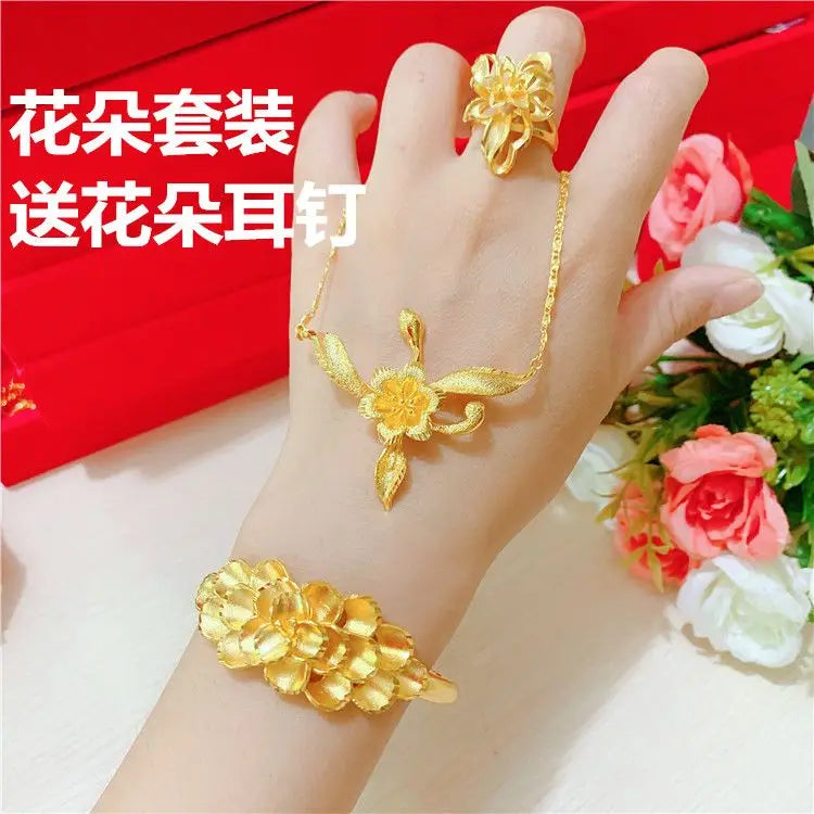 Simulation 100% Real 24K Gold Plated Women's Necklace Sandy Gold Necklace Flower Pendant Set Mother Grandma Gift Flower Earrings