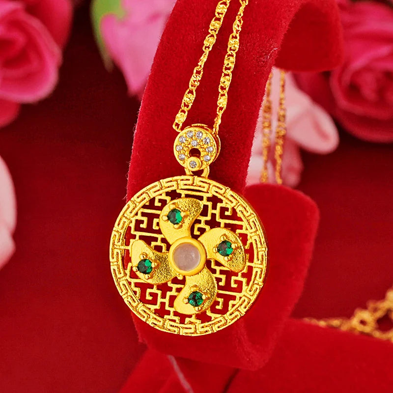 Fashionable Korean Style Sand Gold Inlaid Hetian Jade Pendant Creative Rotating Windmill Pendant Inlaid Imitation Gold Necklace