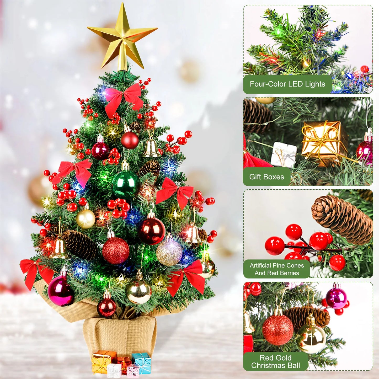 24Inch Mini Christmas Tree Artificial Xmas Tree with 60 LED Lights Star Tree Topper and Hanging Ornaments Small Christmas Tree