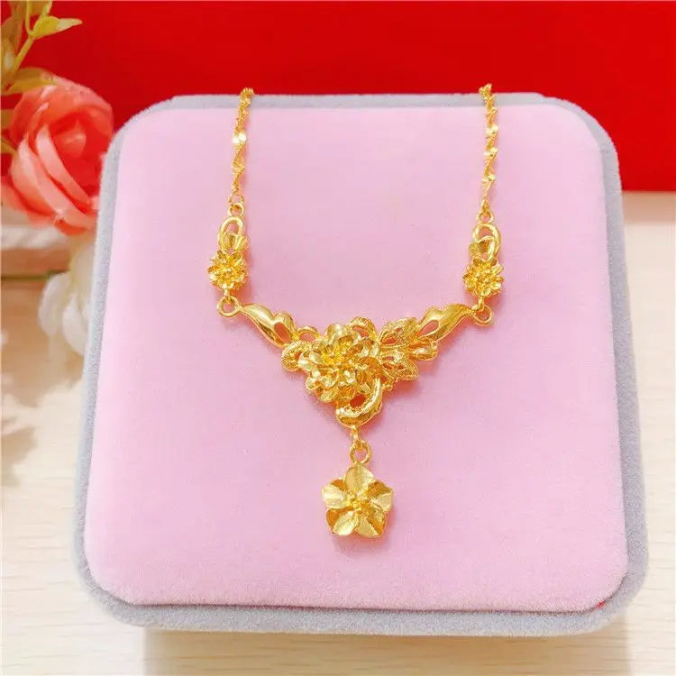 Simulation 100% Real 24K Gold Plated Women's Necklace Sandy Gold Necklace Flower Pendant Set Mother Grandma Gift Flower Earrings