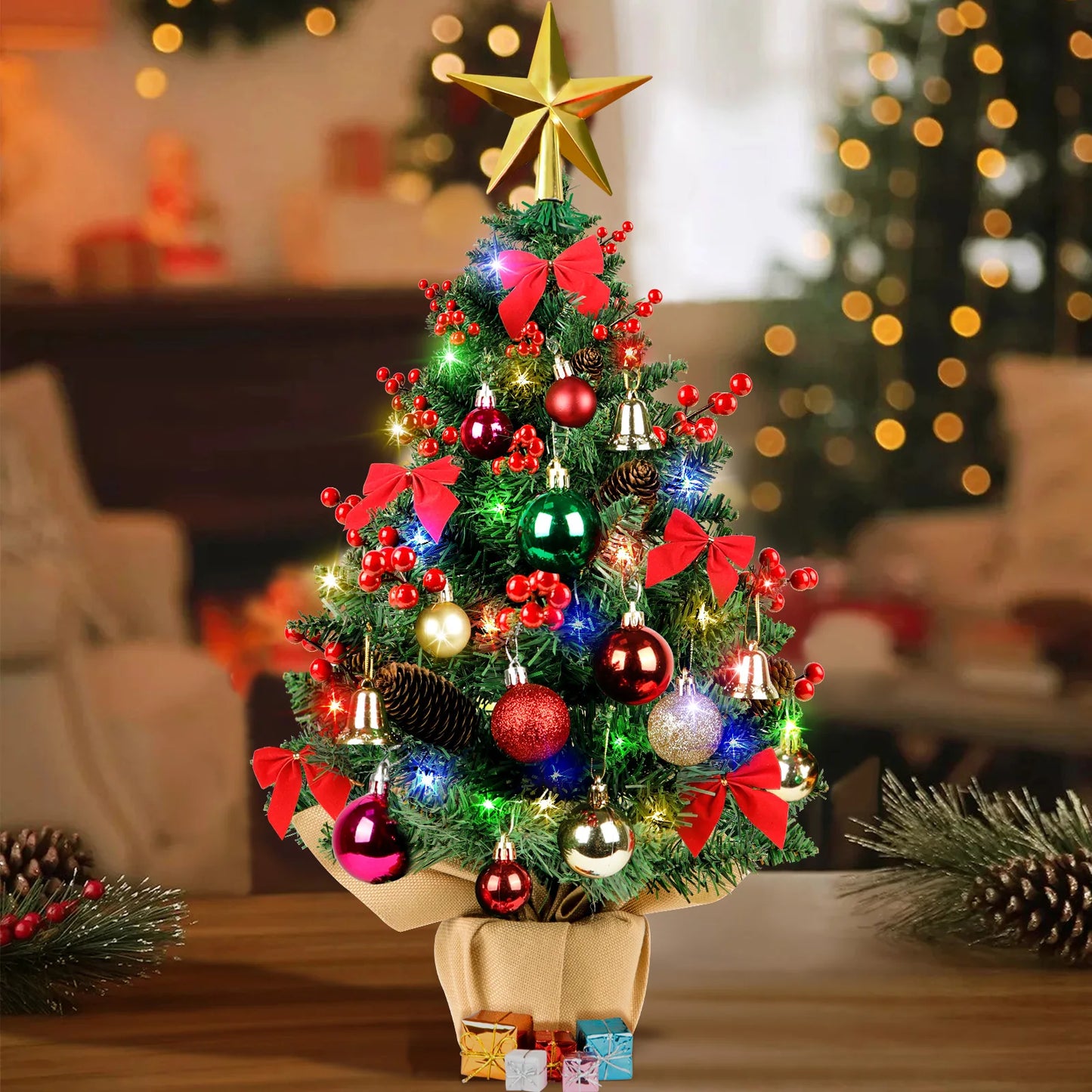 24Inch Mini Christmas Tree Artificial Xmas Tree with 60 LED Lights Star Tree Topper and Hanging Ornaments Small Christmas Tree