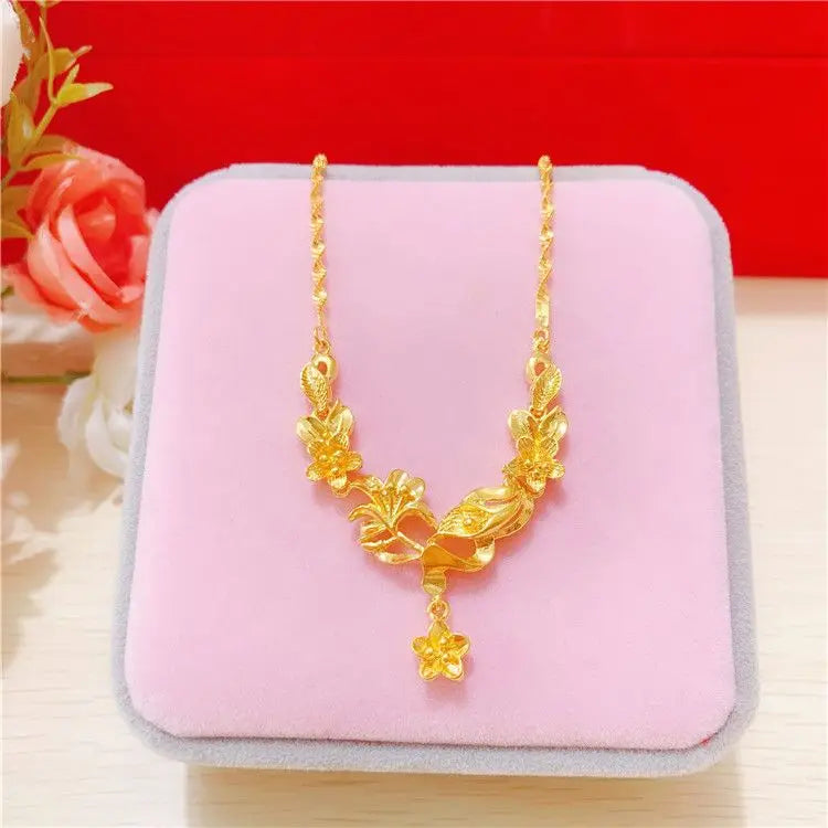 Simulation 100% Real 24K Gold Plated Women's Necklace Sandy Gold Necklace Flower Pendant Set Mother Grandma Gift Flower Earrings