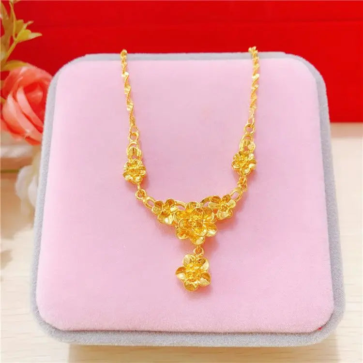 Simulation 100% Real 24K Gold Plated Women's Necklace Sandy Gold Necklace Flower Pendant Set Mother Grandma Gift Flower Earrings