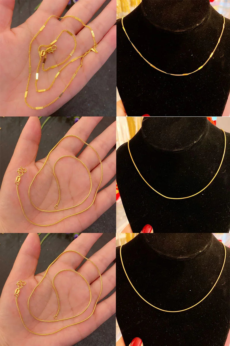 Plated 100% Real Gold 24k Pure Simple Plain Chain Necklace Ab Ot Buckle Ins Wind Like Anti Allergic Colorless Clavicle For Women