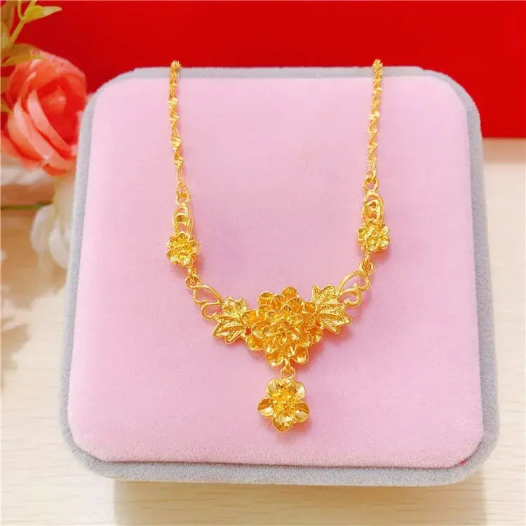 Simulation 100% Real 24K Gold Plated Women's Necklace Sandy Gold Necklace Flower Pendant Set Mother Grandma Gift Flower Earrings