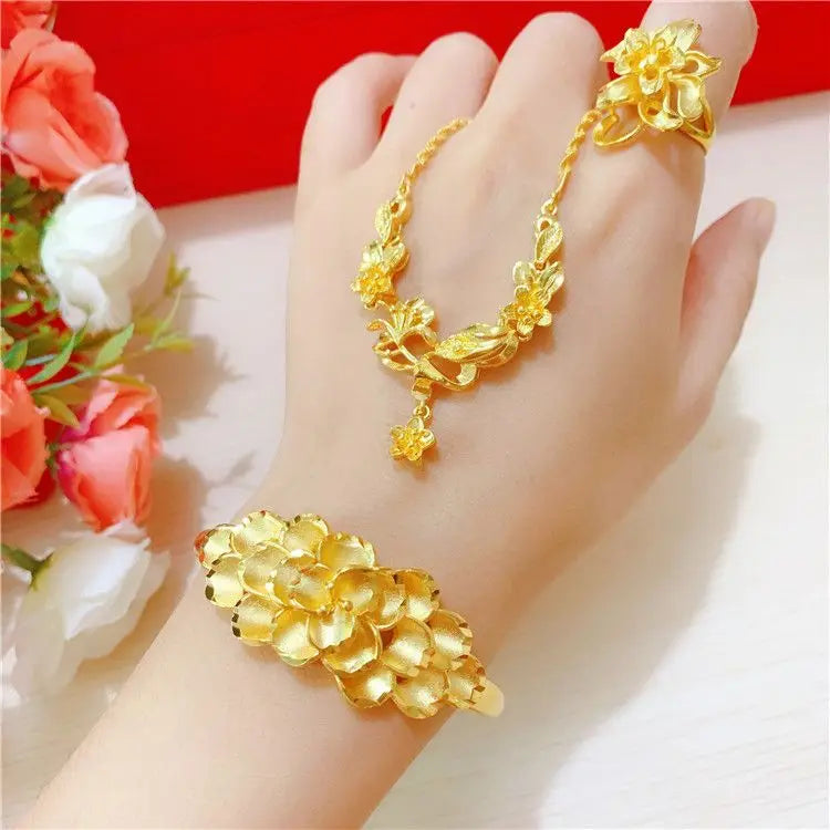 Simulation 100% Real 24K Gold Plated Women's Necklace Sandy Gold Necklace Flower Pendant Set Mother Grandma Gift Flower Earrings