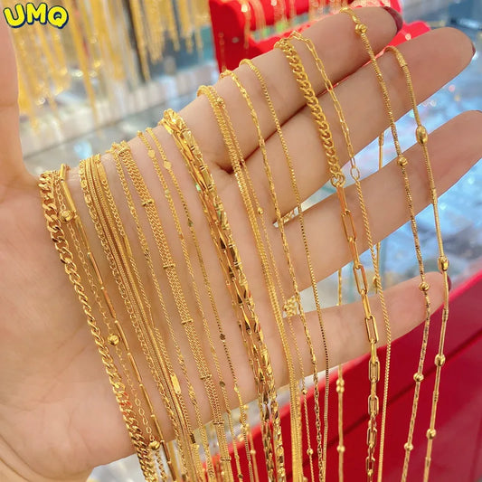 Plated 100% Real Gold 24k Pure Simple Plain Chain Necklace Ab Ot Buckle Ins Wind Like Anti Allergic Colorless Clavicle For Women