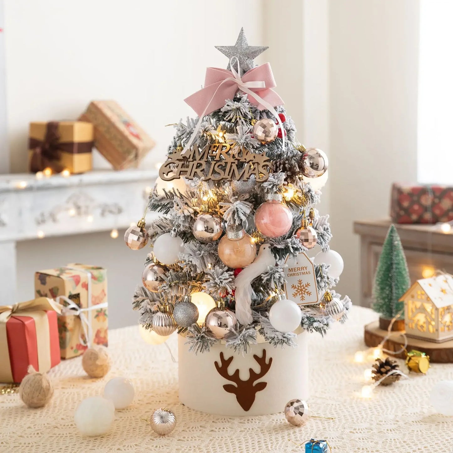 Plush Pink Set Desktop Christmas Tree Ornament Gift Christmas Decoration DIY Mini Object